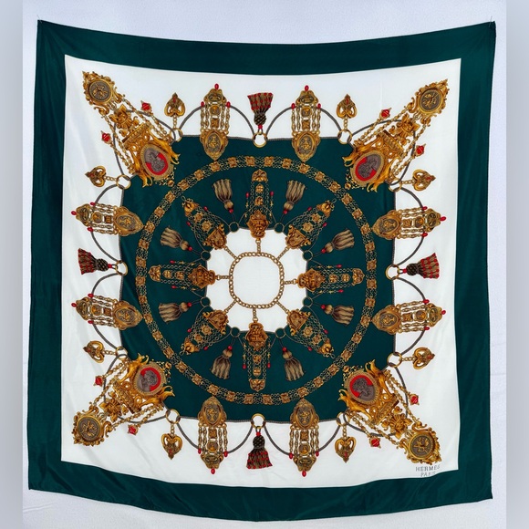 Hermes Authentic 100% Silk Large Scarf Gold Emerald Green 35”x35” - Picture 2 of 11